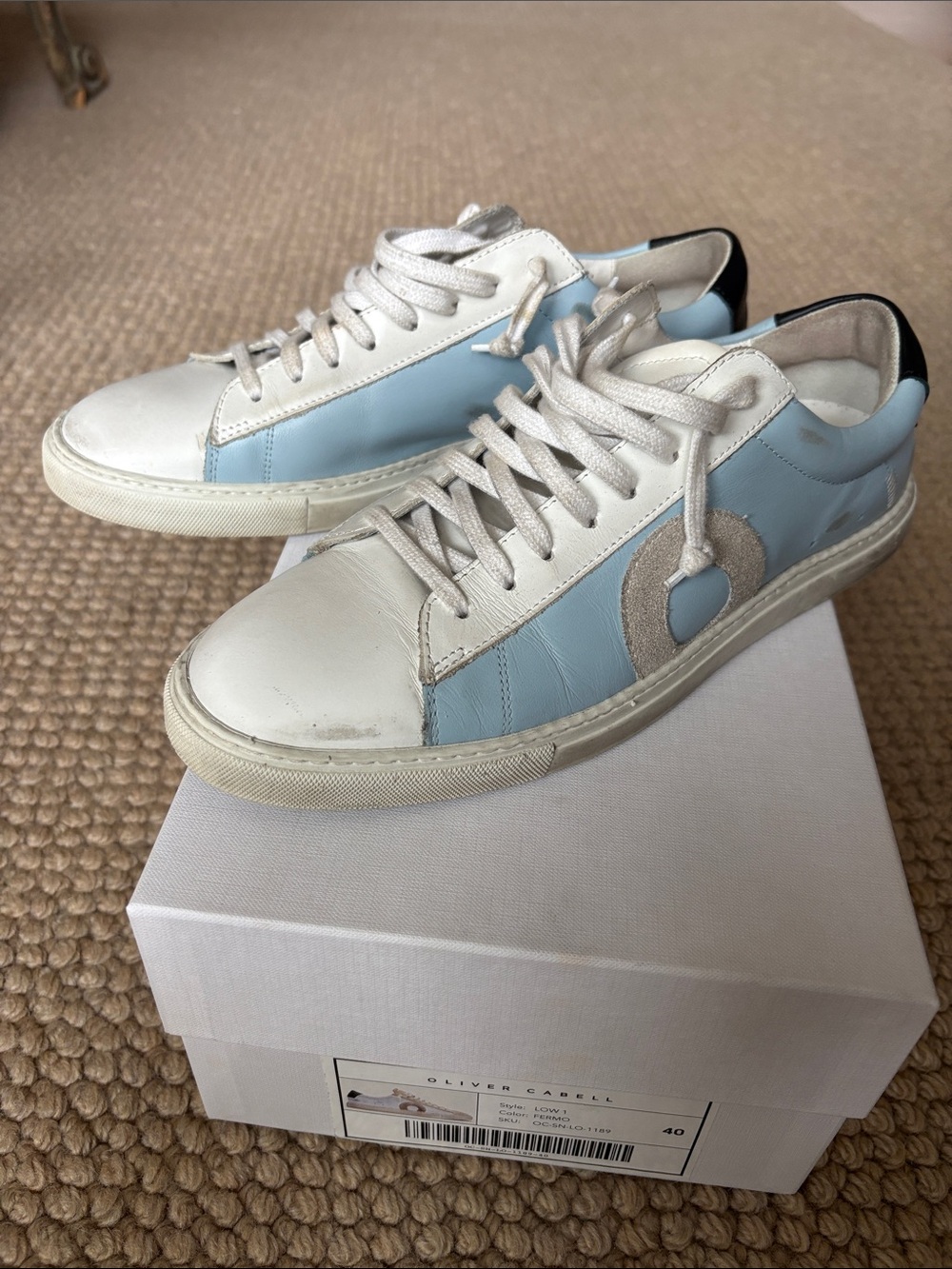 Oliver Cabell White & Light Blue Low-Top Leather Sneakers